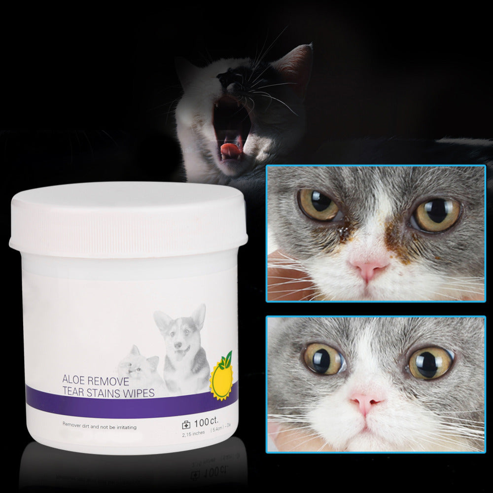 Container of cat tear stain wipes with close-up images of a cat's face on a dark background