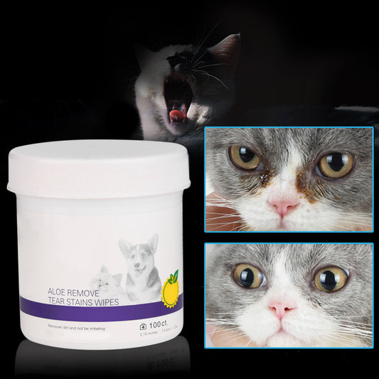 Container of cat tear stain wipes with close-up images of a cat's face on a dark background