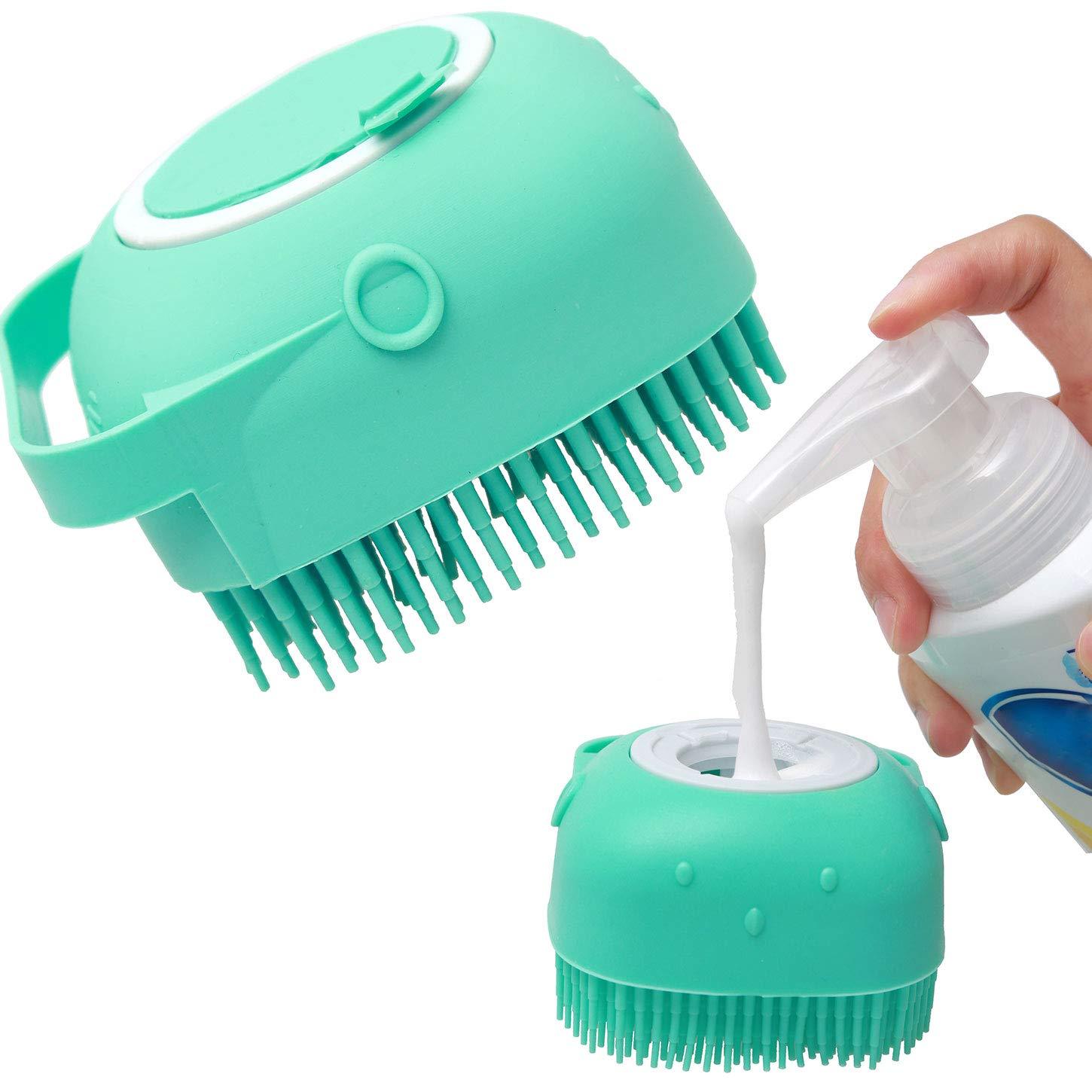 Green scrubber with bristles being filled with a white liquid from a bottle on a white background