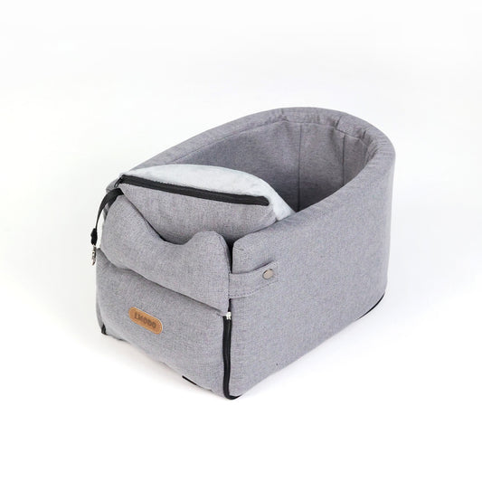 Gray pet carrier with a zipper on a white background