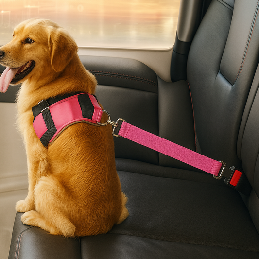 Dog wearing a pink harness sitting in a car