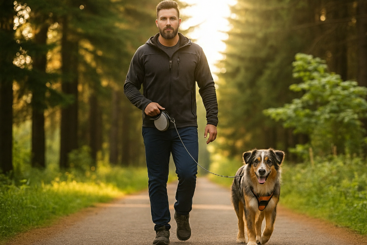 Man walking a dog on a path in a forest