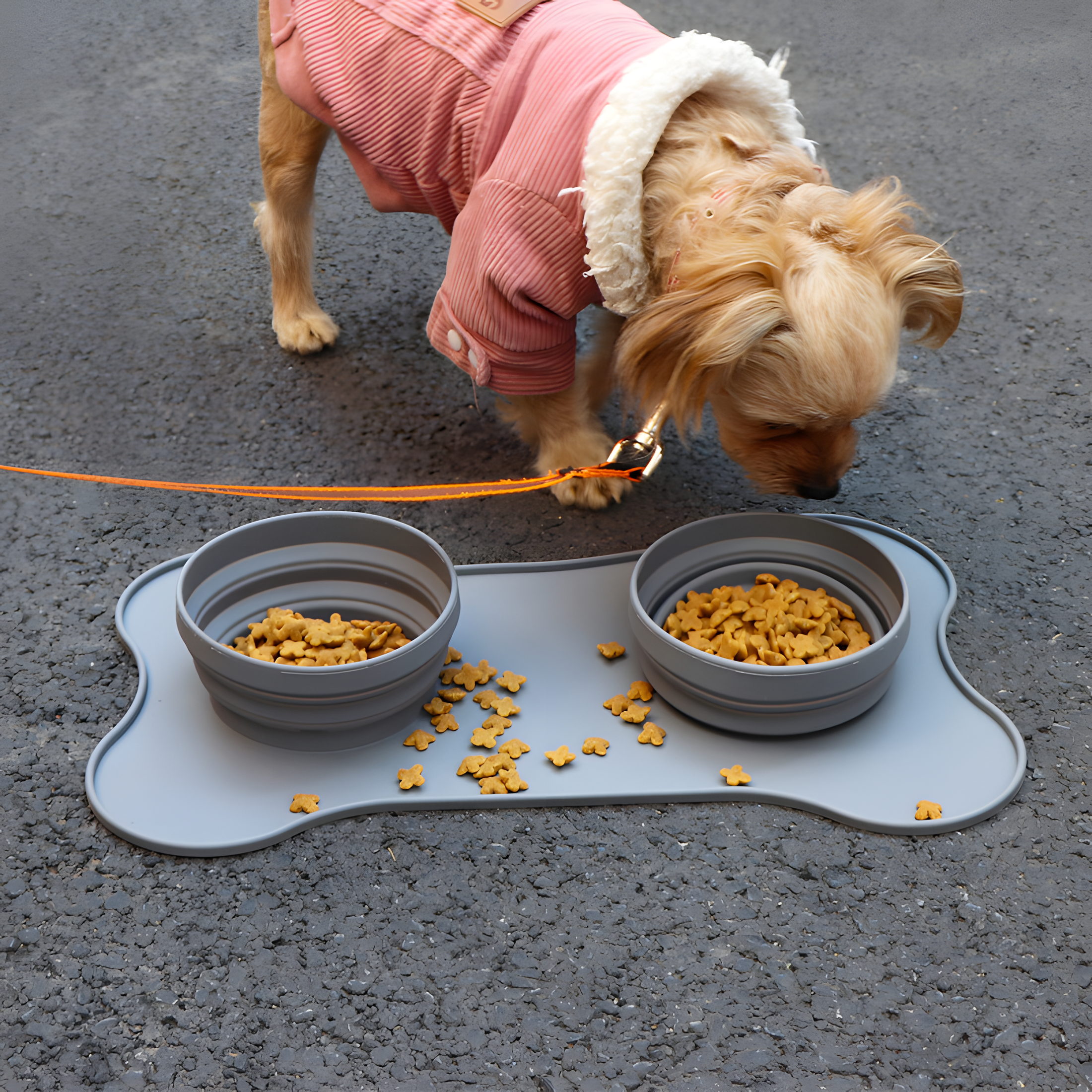 Dog eating from a portable pet feeding system on a leash